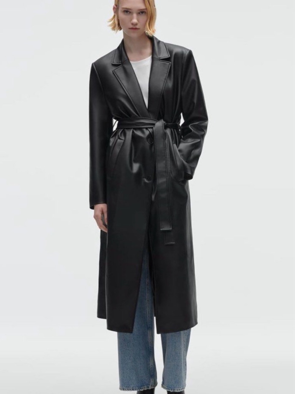 Zara Black Faux Leather Long Trench with Belt